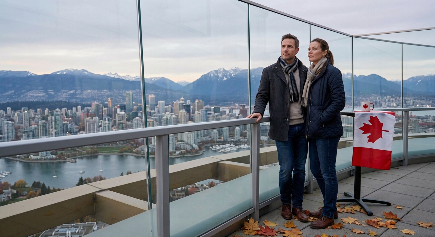 Ein europäisches Paar betrachtet die Skyline einer kanadischen Stadt, symbolisch für den Traum, nach Kanada auszuwandern.