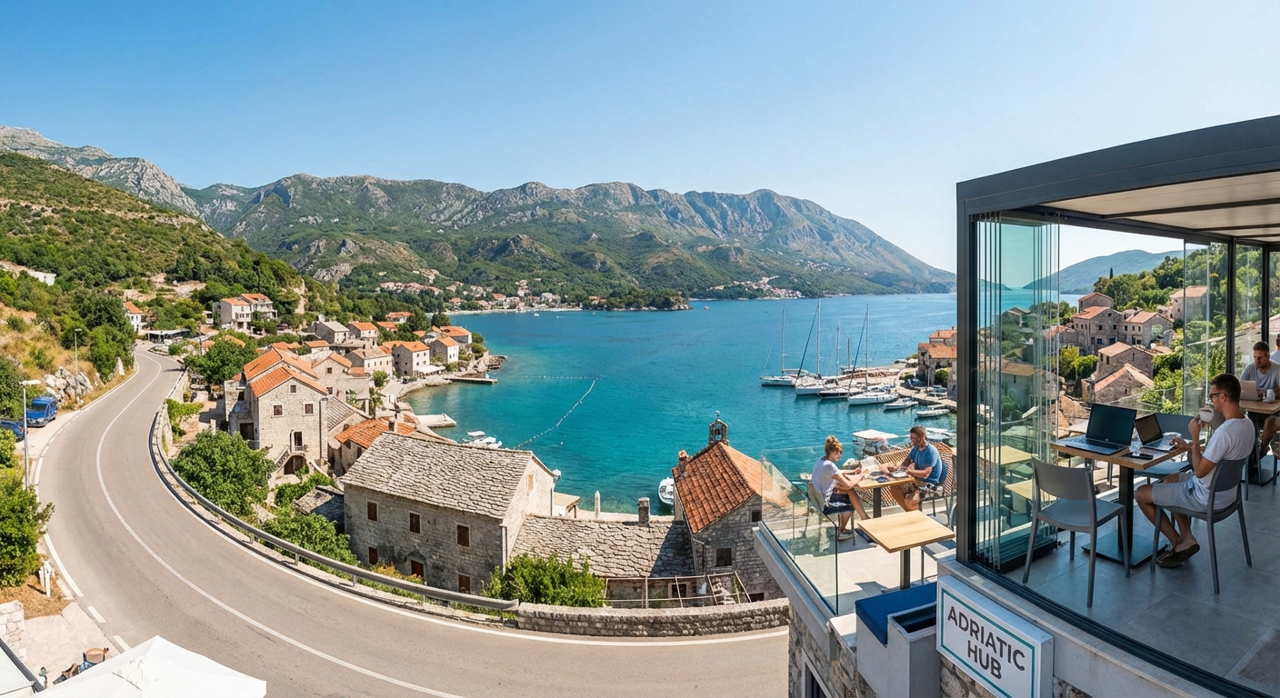 Panoramic view of Montenegro's Adriatic coastline with medieval towns and dramatic mountains, ideal for expats moving to Montenegro